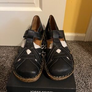 Josef Seibel Black Leather Woven Sandals